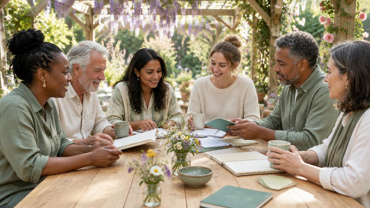 Member celebrants seated around a table on a garden deck beneath a pergola, reviewing ceremony notes together